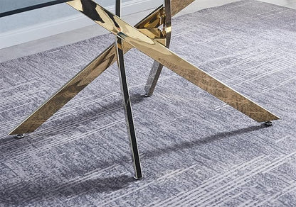 Luxury Gold Glass Dining Table for 4 Modern 51" Rectangular Kitchen & Dining Room Table with X-Shape Stainless Steel Base Large Clear Glass Top Dining Table for Home Office