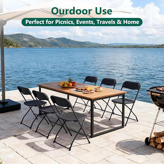 2 Pack Black Plastic Folding Chairs, Outdoor Portable Folding Chair with Steel Frame, 350lbs Capacity Stackable Foldable Chairs for Patio, Garden, Picnic, Kitchen, Events