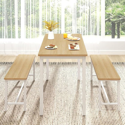 Rovibek 43" Dining Room Table Chairs Set for 4, Modern Space Saving Kitchen Table with 2 Benches & Adjustable Feet Breakfast Table, Wooden Industrial Style Farmhouse, White