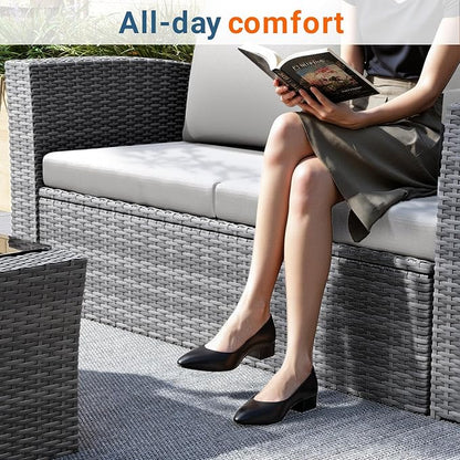 Wisteria Lane 4 Piece Patio Furniture Set, Wicker Outdoor Patio Conversation Furniture Set, All Weather Outdoor Patio Sofa with Cushion and Glass Table, Grey