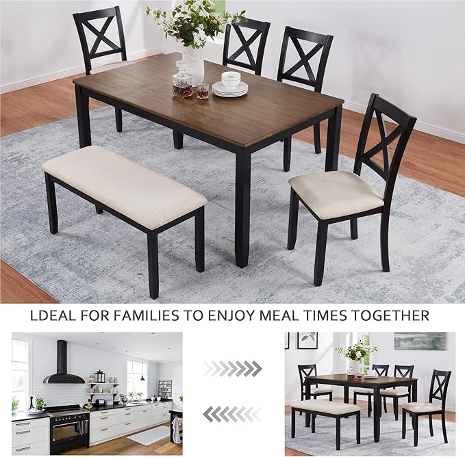 6 Piece Wooden Dining Table Set with Bench, Classic Farmhouse Dining Table Set for 6, Timeless Black and Oak Two Tone Dining Room Set for Kitchen and Dining Room