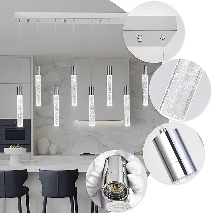 8 Light Pendant Lights Kitchen Island, Modern Chrome Crystal Pendants with Dimmable 3000K-6000K LED Ceiling Hanging Light Fixture for Dining Room Bedroom, Adjustable Height 78"