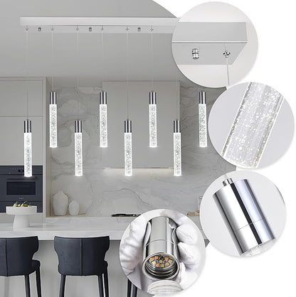 8 Light Pendant Lights Kitchen Island, Modern Chrome Crystal Pendants with Dimmable 3000K-6000K LED Ceiling Hanging Light Fixture for Dining Room Bedroom, Adjustable Height 78"