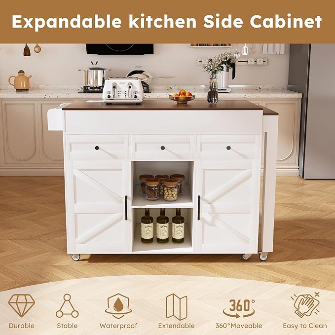 74.8" Kitchen Island with Extendable Dining Table & Power Outlet - Rolling Storage Cart on Wheels with 3 Drawers & 2 Door Cabinet for Dining Room