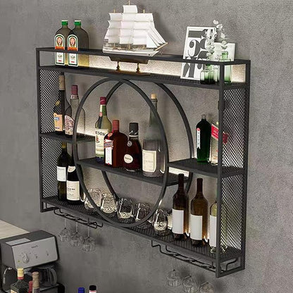 Metal Wine Rack Wall Mounted with LED Light, 3-Tier Bar Liquor Shelf with Wine Glass Holder, Modern Large Capacity Liquor Bottle Display Storage Shelf for Home Bar, Dining Room (Black, 100 * 80 * 15)