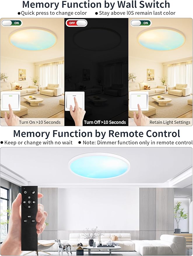 24 Inch Flush Mount Ceiling Light with Blue Sky Cover, Dimmable Ceiling Lamp with Remote, 54W LED Lighting Fixtures Sunlight Effect, Modern Slim Design for Classroom Bedroom Living Room, Round White