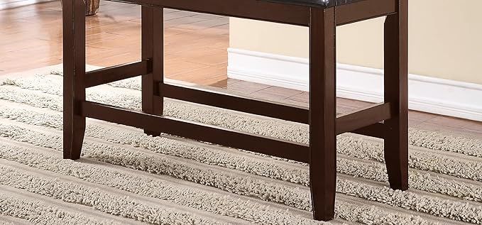 Brown Espresso Counter Height Bench with Faux Leather Upholstered Seat and Footrest, Farmhouse Style Wooden Furniture for Kitchen or Dining Room