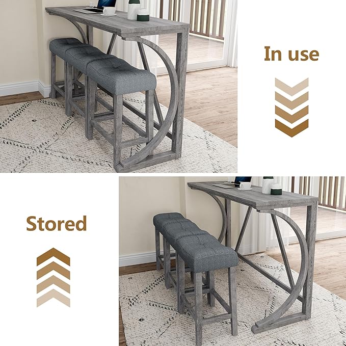 Betoko Counter Height Table and Chairs Set, Breakfast Nook Bar Table with Outlet and Chairs, Dining Room Bar Table and Chairs for Kitchen, Grey