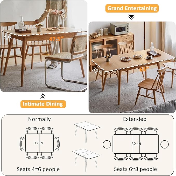 Solid Oak Extendable Dining Table for 4-6 People, 47.2 to 63 Inch, Seamless Expansion, Round Corner Design with Diagonal Legs, Farmhouse Kitchen Table for Small Spaces (Natural)