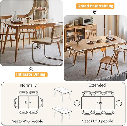 Solid Oak Extendable Dining Table for 4-6 People, 47.2 to 63 Inch, Seamless Expansion, Round Corner Design with Diagonal Legs, Farmhouse Kitchen Table for Small Spaces (Natural)