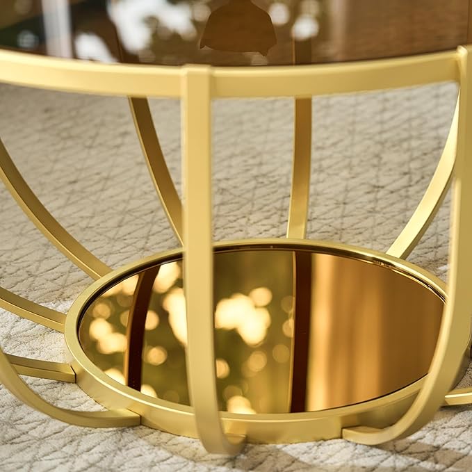 Saint Mossi 30" Glass Round Coffee Table for Living Room, Mid Century Modern 2-Tier Gold Drum Center Table, Brown Glass Top, Brown Mirror Shelf and Gold Frame, W30xH16.5