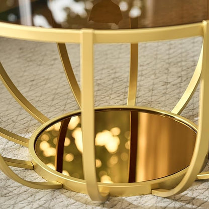 Saint Mossi 30" Glass Round Coffee Table for Living Room, Mid Century Modern 2-Tier Gold Drum Center Table, Brown Glass Top, Brown Mirror Shelf and Gold Frame, W30xH16.5