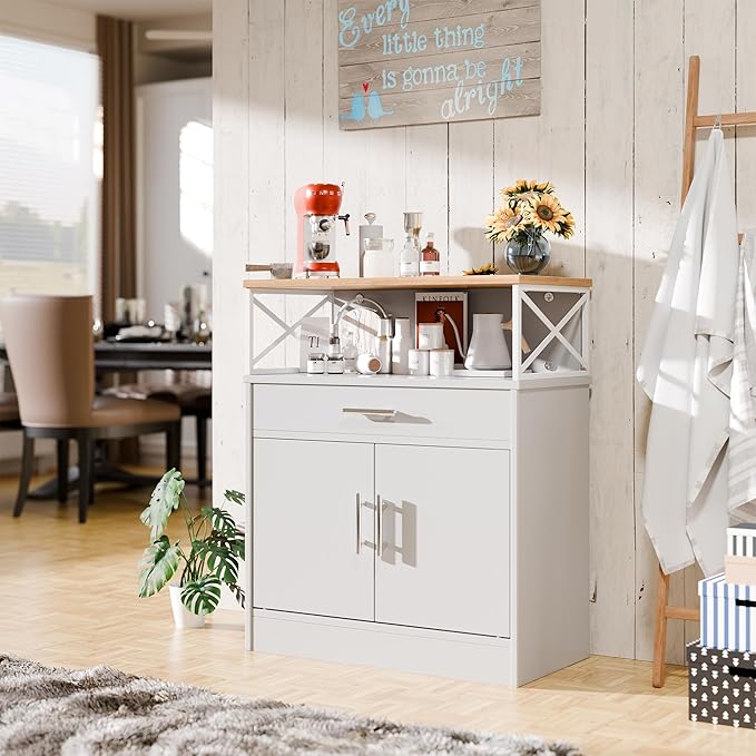SUNLEI Farmhouse Buffet Sideboard with 2 Doors and 1 Drawer, Open Storage & Adjustable Shelf, Coffee Bar Cabinet for Kitchen/Laundry/Living Room, White