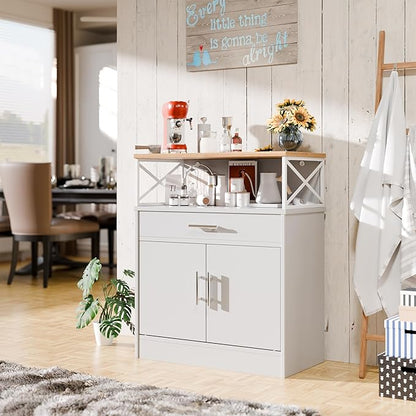 SUNLEI Farmhouse Buffet Sideboard with 2 Doors and 1 Drawer, Open Storage & Adjustable Shelf, Coffee Bar Cabinet for Kitchen/Laundry/Living Room, White