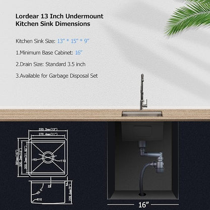 Lordear Undermount RV Kitchen Sink 13x15 Inch Bar Prep Sink 16 Gauge Stainless Steel Workstation Sink 13” With Cutting Board Small Kitchen Sink