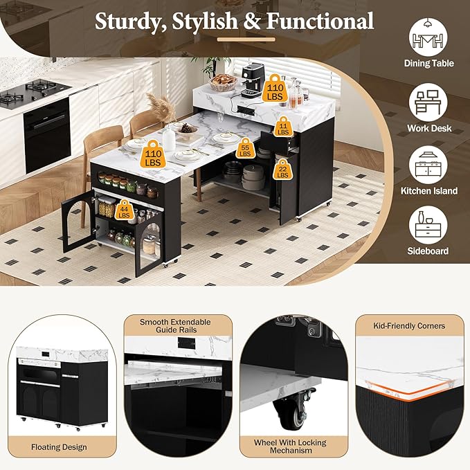 Extendable Dining Table with Extra-Long Folding Top, Mobile Kitchen Storage Islands with Drawers, Power Outlet and Brake Lock, Storage Cabinet for Kitchen and Dining Room (Black + Marble White)