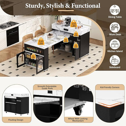 Extendable Dining Table with Extra-Long Folding Top, Mobile Kitchen Storage Islands with Drawers, Power Outlet and Brake Lock, Storage Cabinet for Kitchen and Dining Room (Black + Marble White)