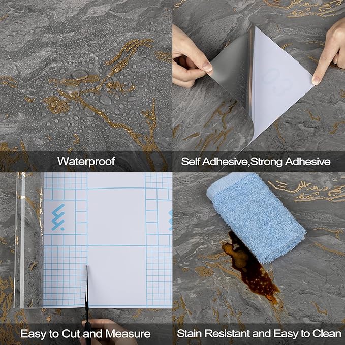 Abyssaly Marble Contact Paper Black Granite Peel and Stick Wallpaper for Countertop Self-Adhesive Thickening Kitchen Bathroom and Furniture (Grey Gold, 17.7" x 196")
