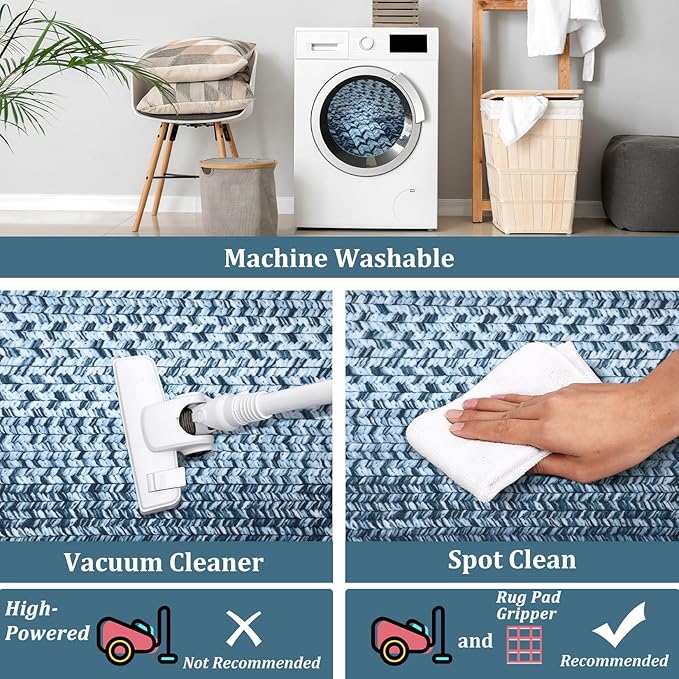 Washable Area Rugs 9x12 Living Room Modern Rugs for Bedroom Blue Rug Imitation Braided Soft Large Area Rug Non Slip Throw Rugs Stain Resistant Carpet for Nursery Dining Room 9'x12' Blue