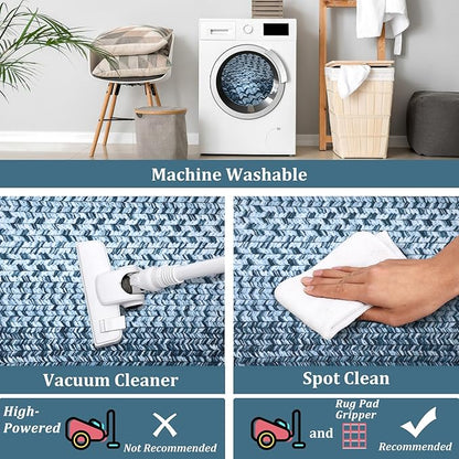Washable Area Rugs 4x6 Rug for Living Room Indoor Mats for Entryway Soft Bedroom Rug Non Slip Modern Braided Print Area Rug Farmhouse Throw Rugs Low Pile Stain Resistant Carpet 4'x6' Blue