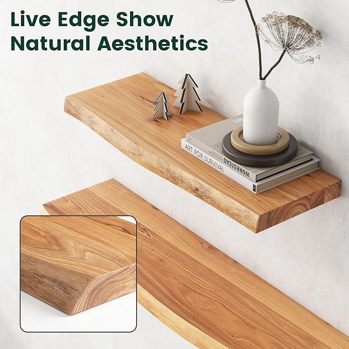 36 Inch Live Edge Floating Shelves, 8 Inch Deep Solid Elm Wood Wall Shelf, Heavy-Duty Wall Mounted Shelf with Invisible Brackets for Living Room, Bathroom, Kitchen, Set of 2, Natural Color