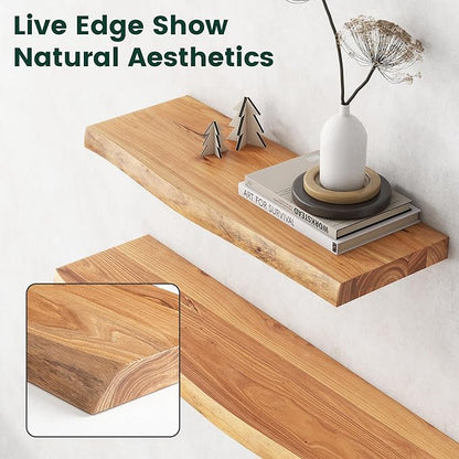 48 Inch Live Edge Floating Shelves, 8 Inch Deep Solid Elm Wood Wall Shelf, Heavy-Duty Wall Mounted Shelf with Invisible Brackets for Living Room, Bathroom, Kitchen, Set of 1, Natural Color