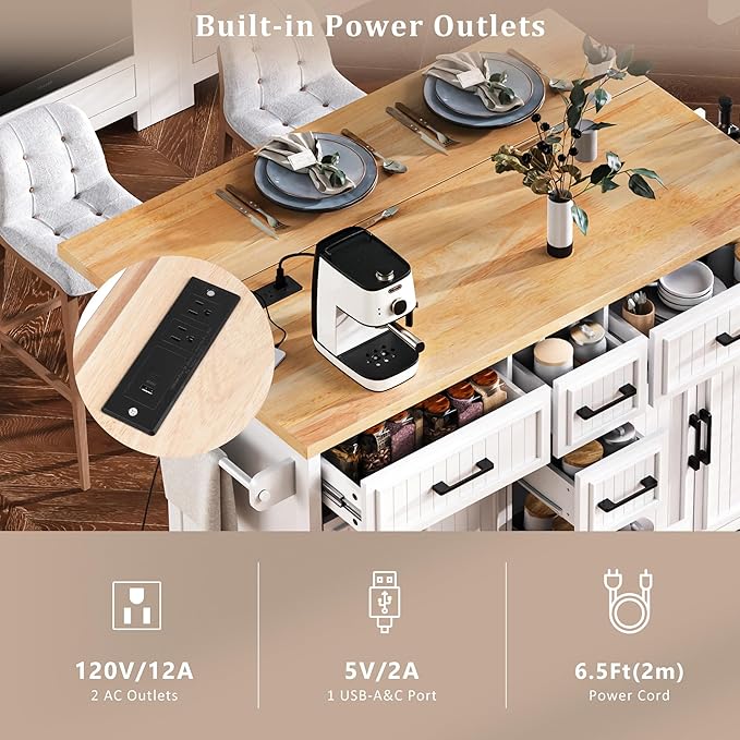 Ball & Cast 56.5" Large Kitchen Island with Drop Leaf and Power Outlet,Embossed Vertical Stripe Rolling Kitchen Cart on Wheels W/Adjustable Shelves,4 Doors & 5 Deep Drawers,for Dining Room,White