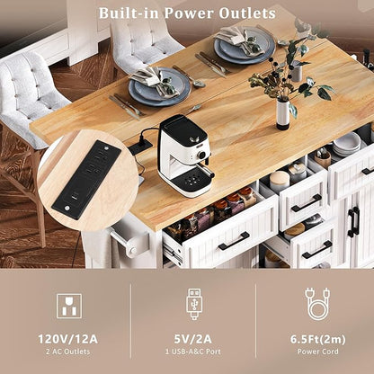 Ball & Cast 56.5" Large Kitchen Island with Drop Leaf and Power Outlet,Embossed Vertical Stripe Rolling Kitchen Cart on Wheels W/Adjustable Shelves,4 Doors & 5 Deep Drawers,for Dining Room,White
