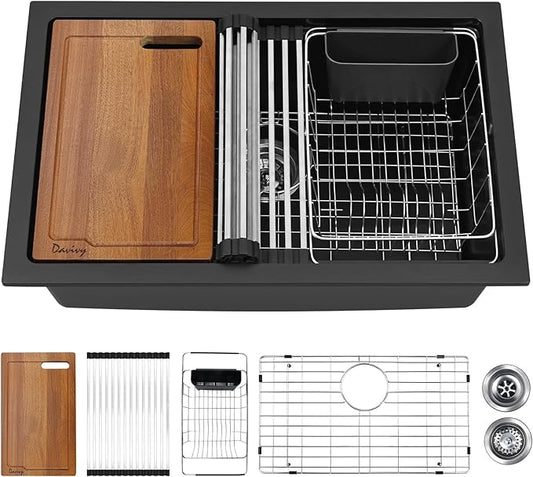 Davivy 27 Inch Black Granite Kitchen Sink Workstation, 27 x 18 Black Undermount/Drop In Kitchen Sink, Deep Quartz Composite Single Bowl with Accessories