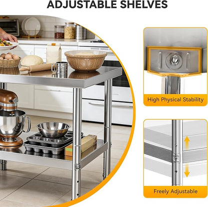 DWVO 30x24in Stainless Steel Table, NSF Metal Prep Worktable with Adjustable Shelf & Wheels for Kitchen Restaurant Hotel Garage Warehouse Home