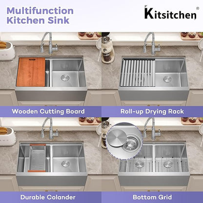 Kitsitchen Stainless Steel Farmhouse Sink 28 Inch, 16-Gauge Stainless Steel 50/50 Double Bowl Workstation Sinks with Abundant Accessories, 10" Deep and Large Undermount Kitchen Sink