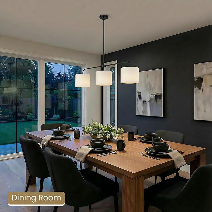 3-Light Black Linear Chandelier with Linen Beige Drum Shades, Modern Pendant Light Fixture for Kitchen Island, Dining Room, Living Room, Bedroom, E26 Base Compatible