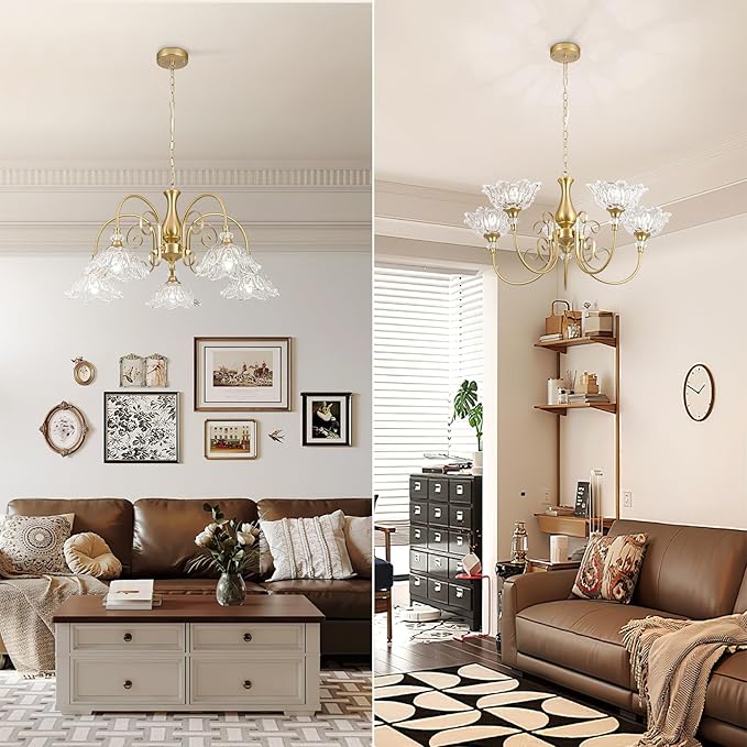 5-Light Vintage Chandeliers in Matte Brass Finish with Crystal Glass Shades, Retro Chandelier Light for Dining Room,Hallway,Kitchen