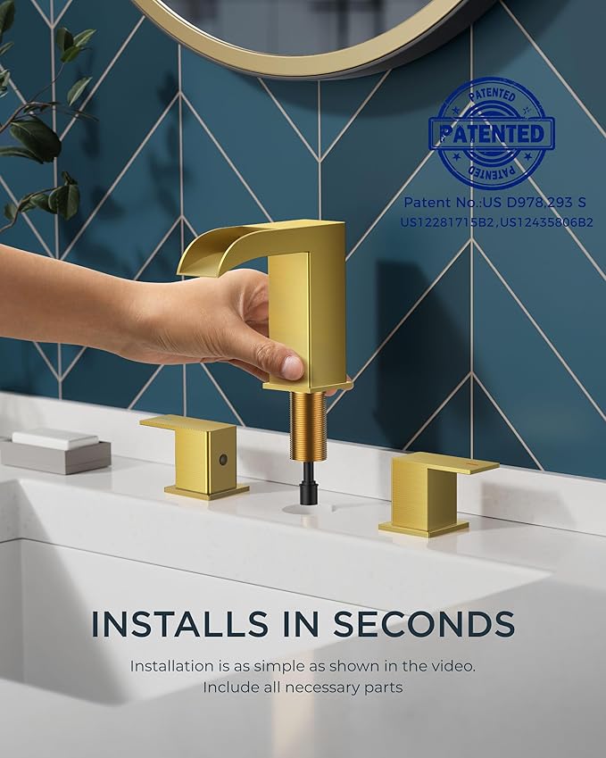 FORIOUS Square Brushed Gold Bathroom Faucets 3 Hole, Waterfall 8 Inch Widespread Bathroom Sink Faucet with Metal Pop-up Drain and Supply Lines, Two Handles for Vanity, Lavatory, Restroom
