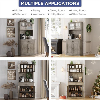 GarveeHome Kitchen Pantry Cabinet, 71 in Tall Kitchen Hutch Storage Pantry with Microwave Stand, Freestanding Buffet with Shelves and Glass Doors for Home Dining Room, Grey
