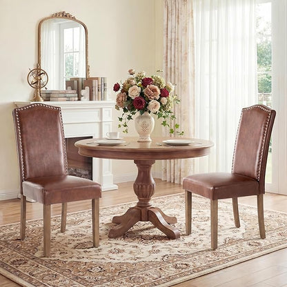 Upholstered Dining Chair Modern Stylish Parsons Kitchen Diner High Back with Silver Nailhead Trim & Wood Legs, Set of 2, PU Leather Dark Brown