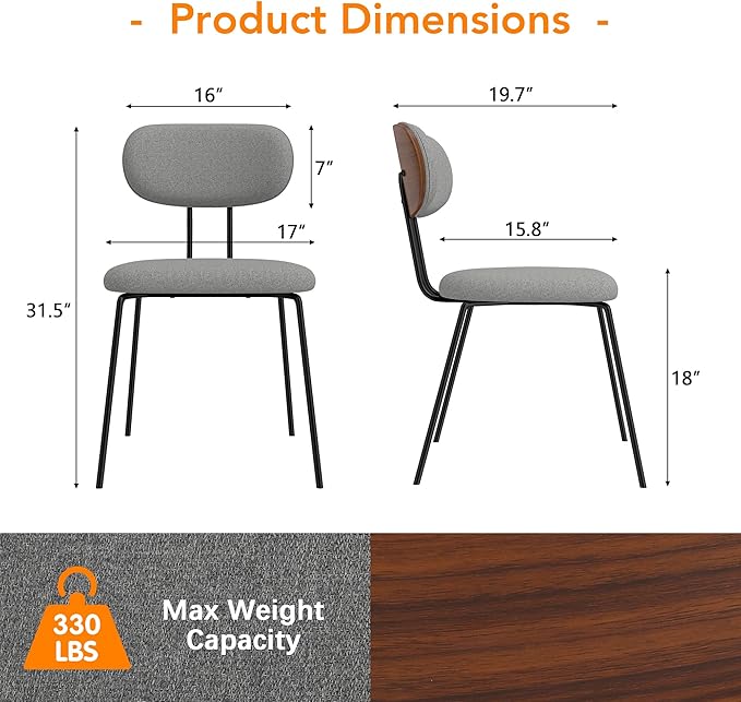 LSSPAID Dining Chairs Set of 2, Linen Fabric Upholstered Dining Room Chairs with Walnut Bentwood Back, Mid-Century Modern Kitchen Chairs with Adjustable Feet Pads, Grey