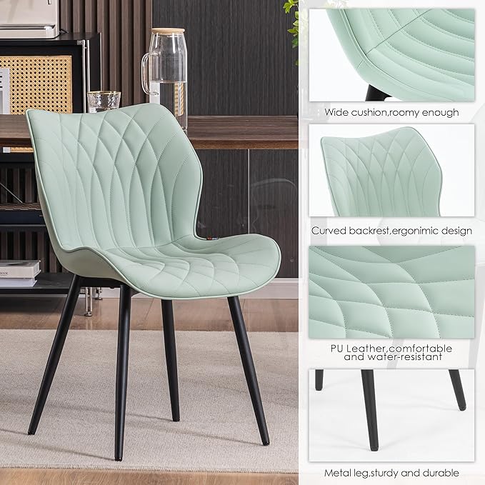 Kidol & Shellder Dining Chairs Set of 2, PU Leather Upholstered Kitchen Chairs with Back Armless, Mid Century Modern Side Chair for Dining Room, Living Room, Lounge, Restaurant, Mint Green