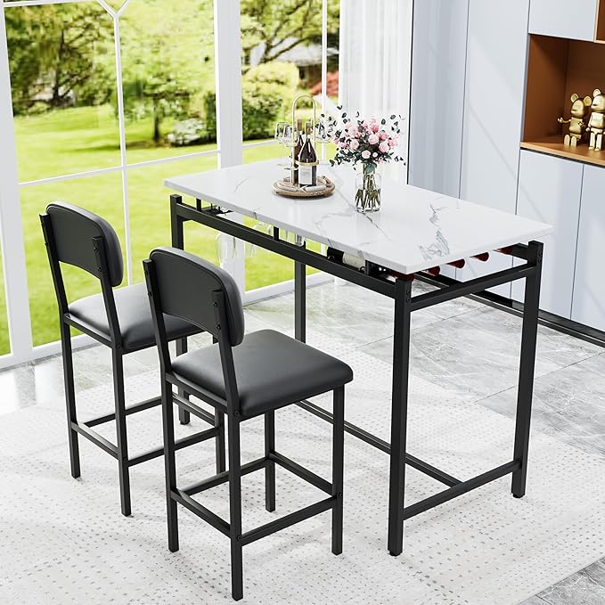Modern Bar Height Table and Chairs Set - Compact Bar Table and Chairs for 2, Perfect as Small Kitchen Table, Kitchen Island with Seating, or Dining Table with Chairs (Black)