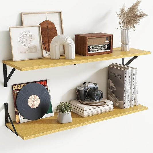 Acovy Deep Floating Shelves for Wall,36Wx8D Wall Mounted Shelves Set of 2,Wall Storage Floating Shelf with Sturdy Metal Brackets for Living Room,Bathroom,Kitchen,Office,Oak