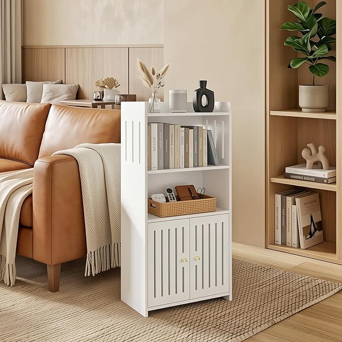 HAYOFAMY Bathroom Storage Cabinet, 4-Tier White Floor Cabinet Freestanding Organizer with Door for Living Room Kitchen Small Space (8.7" D x 14.2" W x 29.5" H)
