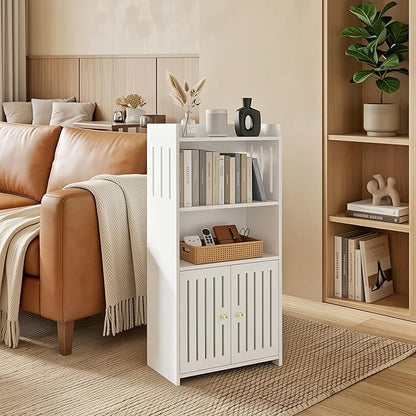 HAYOFAMY Bathroom Storage Cabinet, 4-Tier White Floor Cabinet Freestanding Organizer with Door for Living Room Kitchen Small Space (8.7" D x 14.2" W x 29.5" H)