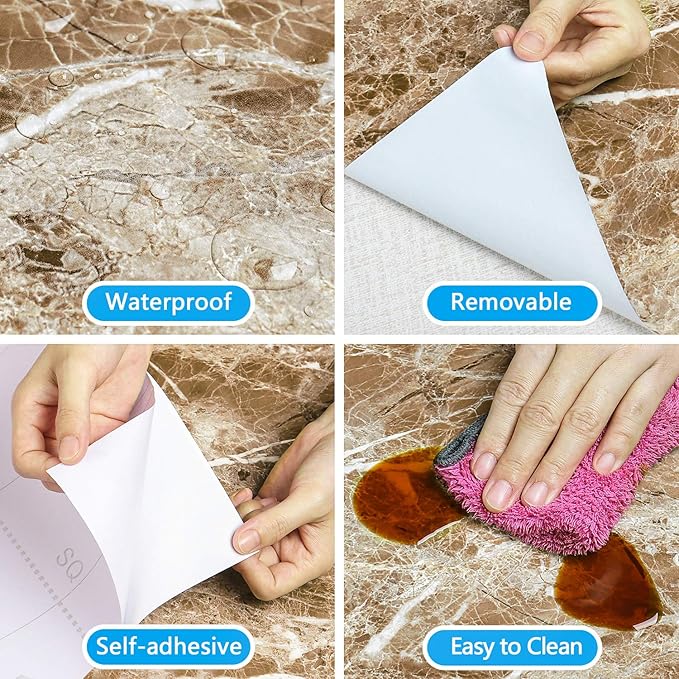 VEELIKE Faux Marble Counter Top Covers Peel and Stick Wallpaper Granite Contact Paper Decorative Kitchen Wall Paper Brown Waterproof Self Adhesive Removable Wallpaper for Cabinet Locker 15.7inx354in
