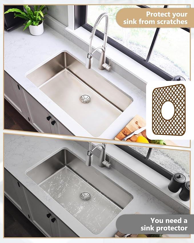 2 Pack Silicone Sink Protector for Kitchen Sink, Trellis Pattern 12 x 11" Sink Grid Mat Silicone Protectors, Center Drain, Coffee