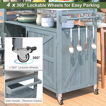 YOPTO 53.3" Outdoor Kitchen Island with Raised Shelf,Solid Wood Grill Cart,Stainless Steel Top,Adjustable Shelf,Spice Rack,Lockable Wheels,Grey Blue
