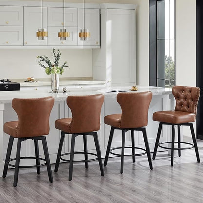 KISLOT Counter Height Barstools 26 inch Upholstered Button Tufted Swivel Bar Stools with Back for Kitchen Island,Set of 2,Brown PU Leather