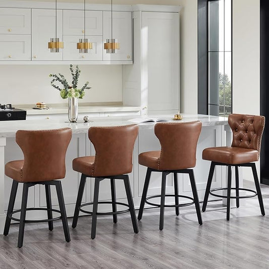 KISLOT Counter Height Barstools 26 inch Upholstered Button Tufted Swivel Bar Stools with Back for Kitchen Island,Set of 2,Brown PU Leather