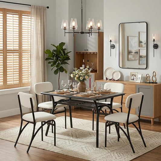 GarveeHome 5-Piece Dining Table Set for 4, Modern Kitchen Table with 4 Boucle Chairs, Rectangular Dining Table with Storage Shelf & Marble Tabletop, Beige Home Dining Furniture for Small Space