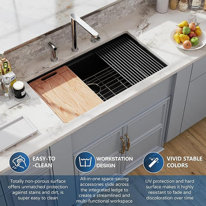 33 Black Granite Composite Kitchen Sink, Hugsleek Undermount Granite Sink Quartz 33x19 inch Workstation Ledge Under Counter Mount Single Bowl Sinks Basin With Black & Gold Sinks Accessories