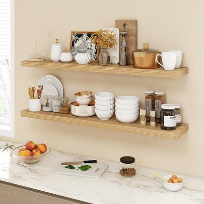 Acovy 48 Inch Floating Shelves, 9.3" Deep Floating Shelf Wall Mounted, 48" Wall Shelves, Rustic Deep Bookshelf, Large Display Shelves & Storage Shelves for Bedroom, Living Room, Light Brown, Set of 1